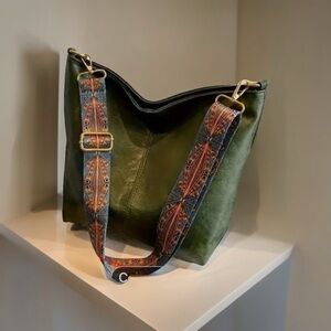 Green Leather Hobo Shoulder Crossbody Bag with Contrasting Canvas Boho Strap
